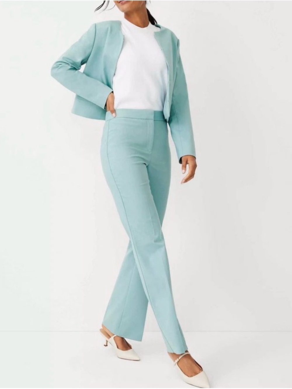 NWT Ann Taylor 2-piece Jacket and Pants Suit in Peacock Teal Melange Size 8P & 6